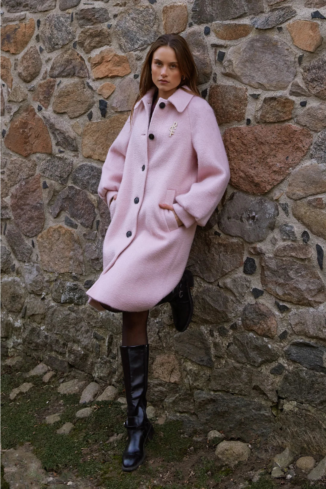 Rue de Femme Addison blush pink wool blend coat styled outdoors