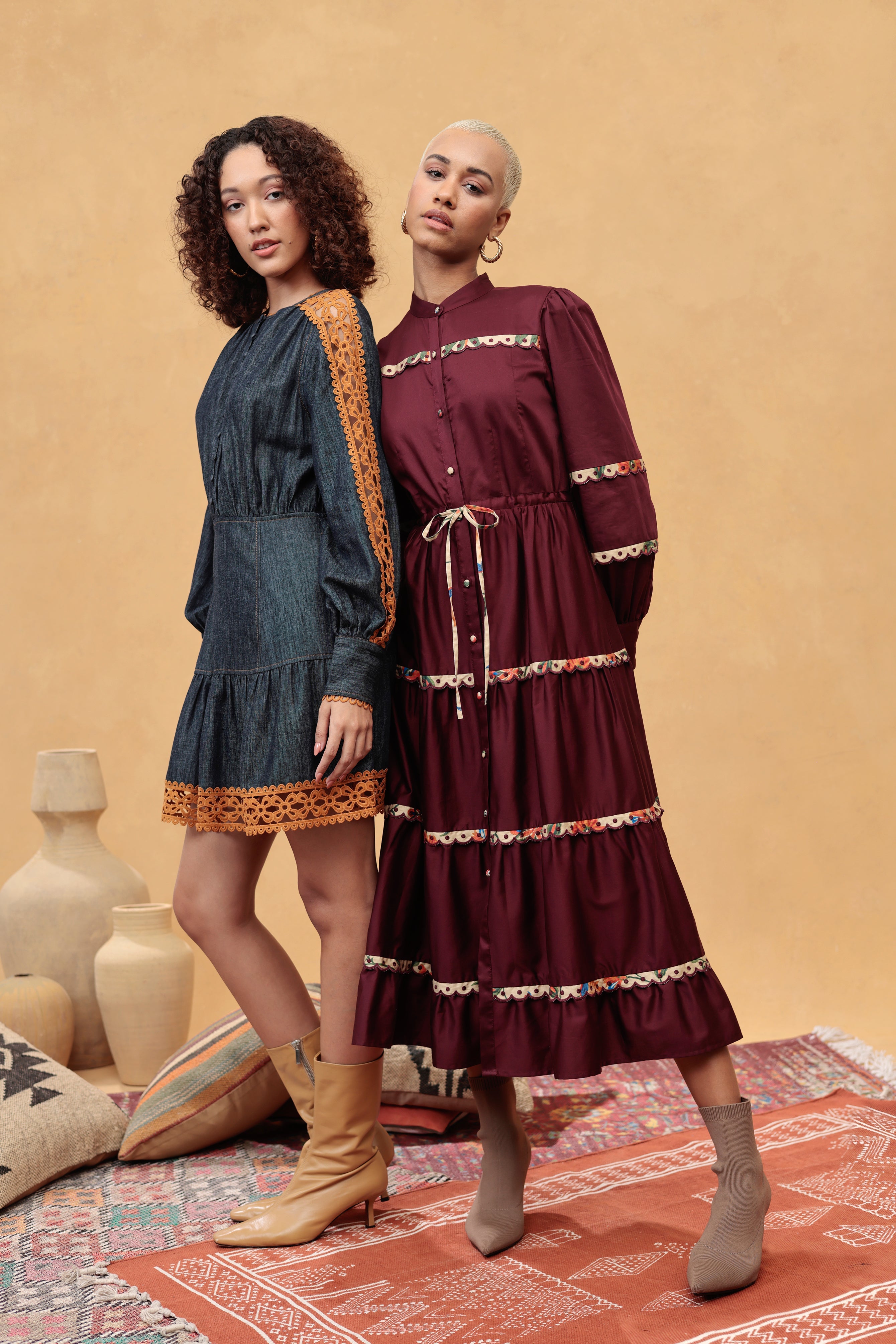 Emily Lovelock Annette burgundy occasion midi dress styled with tie belt