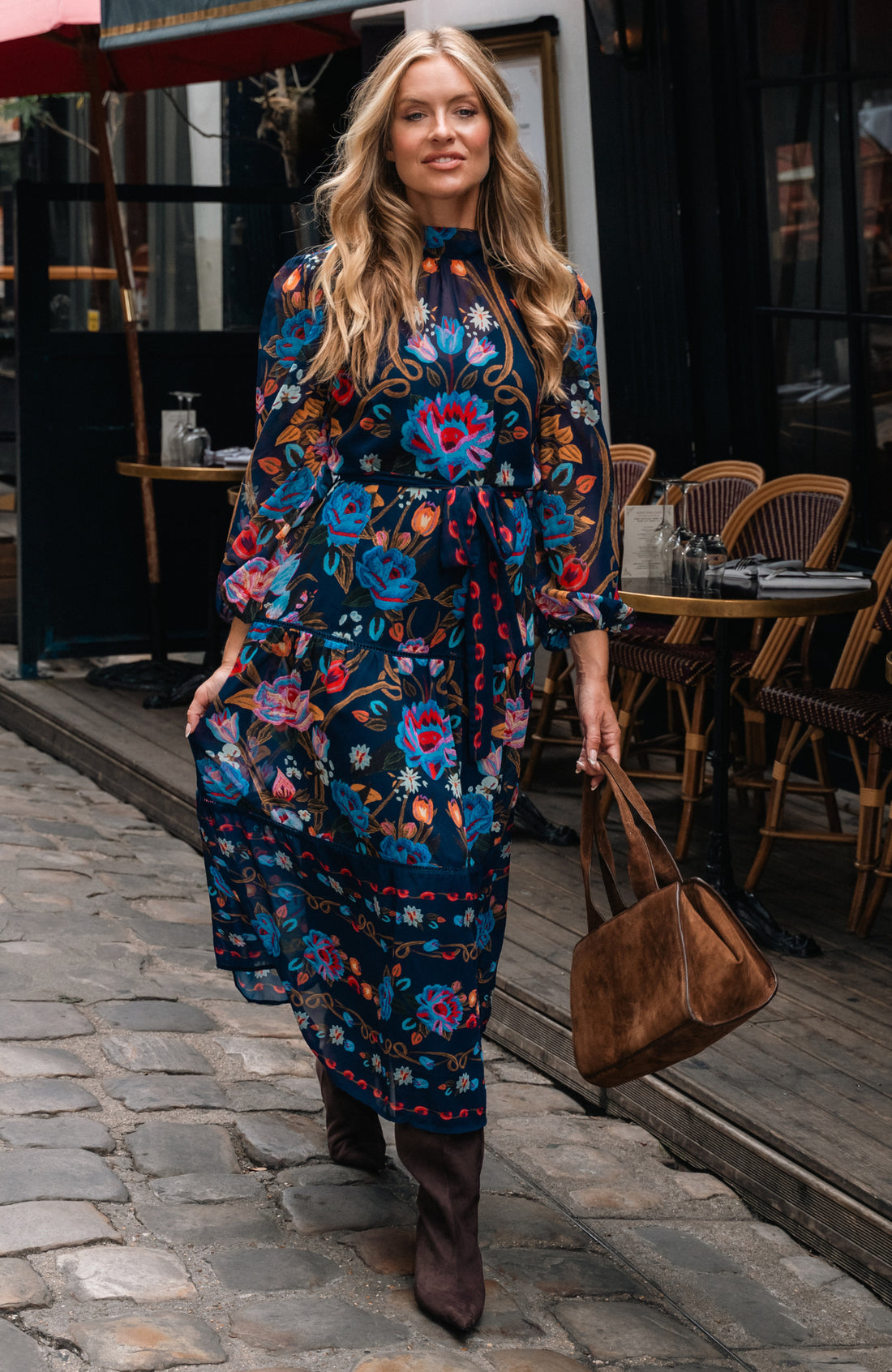 Hope & Ivy Twilla belted high neck midi dress showing flowing printed skirt