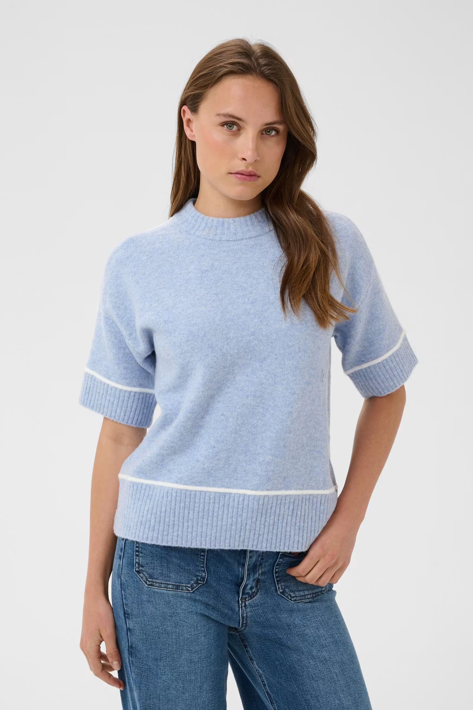 Kaffe Jinie light blue contrast trim knit jumper styled front view