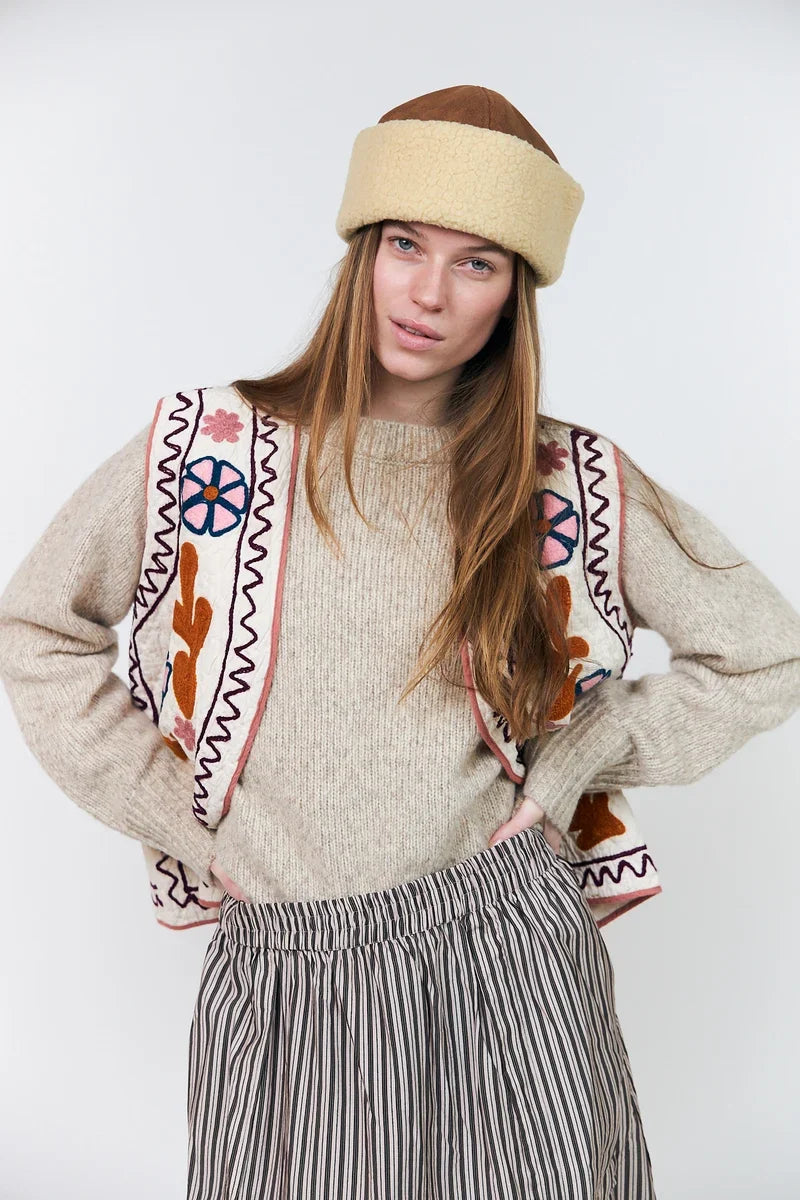 Lollys Laundry Honey cream embroidered vest styled with a pleated midi skirt
