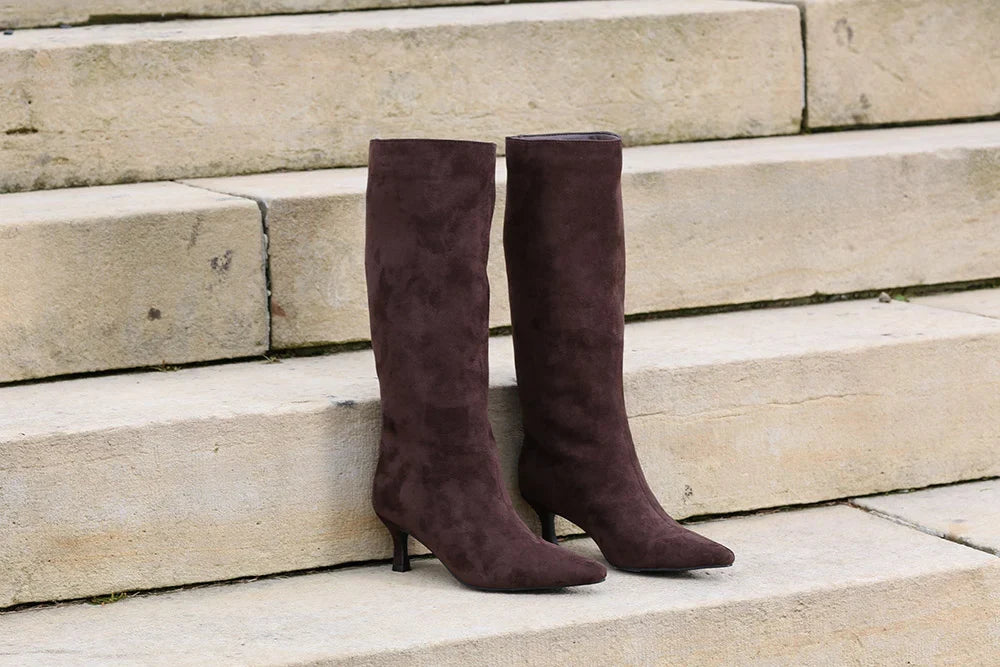 Rant & Rave Daisy chocolate brown knee-high heeled boots side view