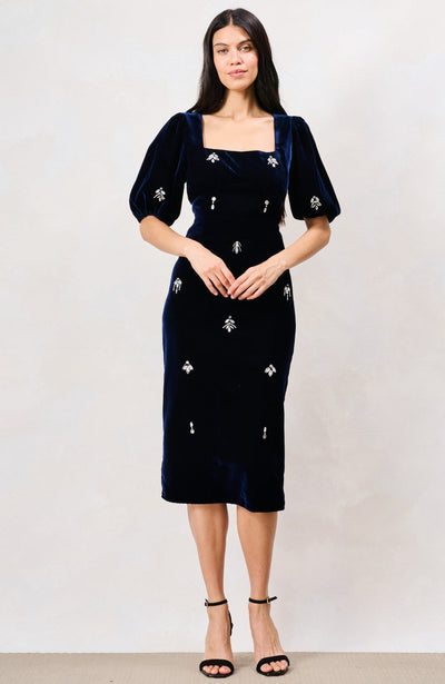 The Veloura Puff Sleeve Velvet Midi Pencil Dress with Embellishment