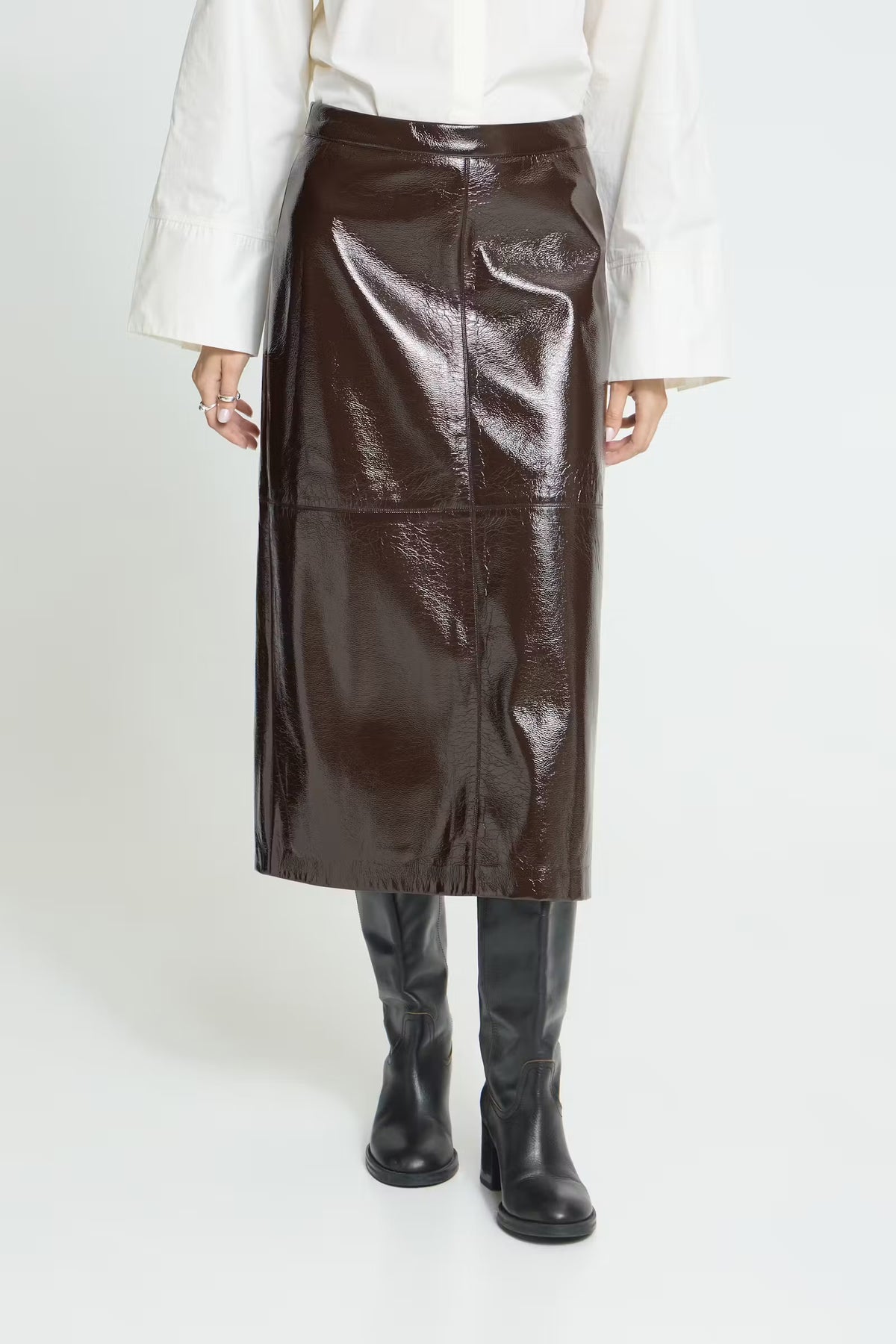 Ichi Luned midi leather look brown skirt