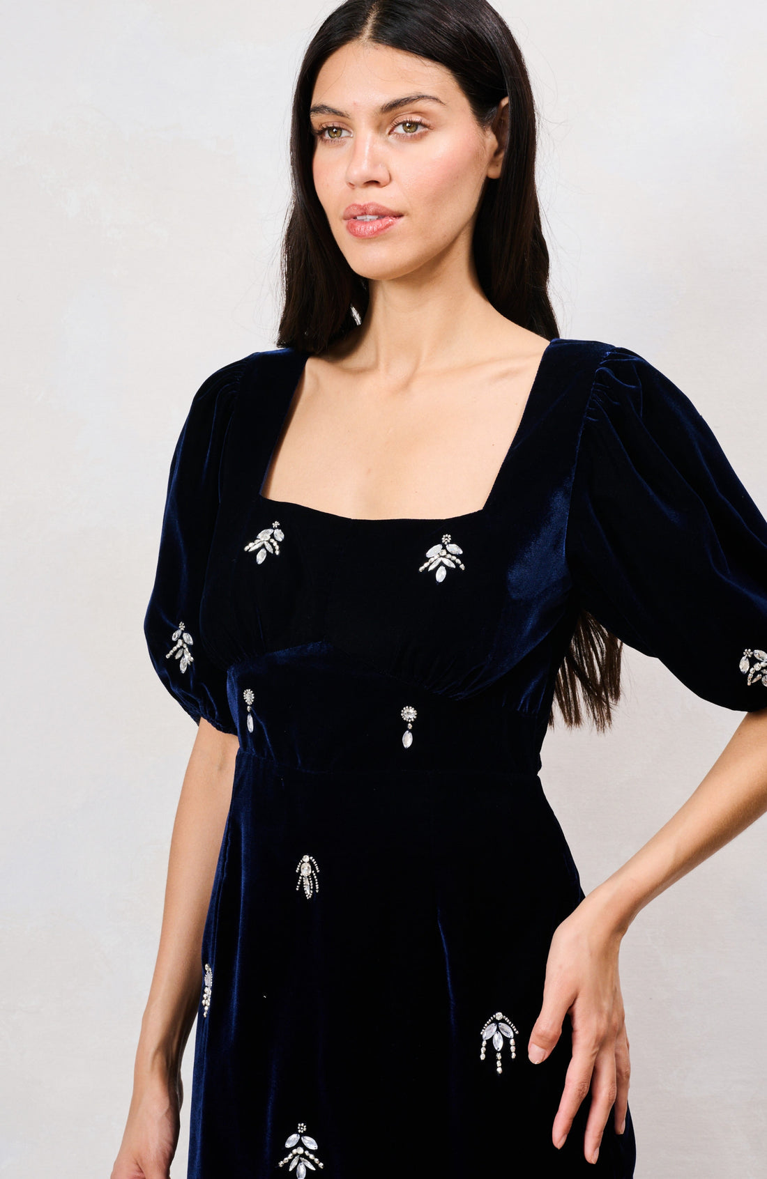 The Veloura Puff Sleeve Velvet Midi Pencil Dress with Embellishment