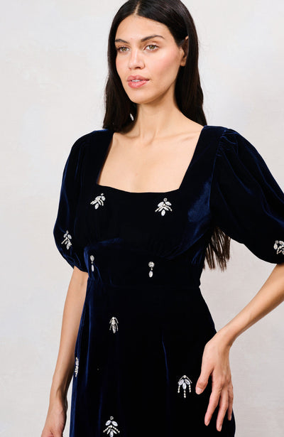 The Veloura Puff Sleeve Velvet Midi Pencil Dress with Embellishment