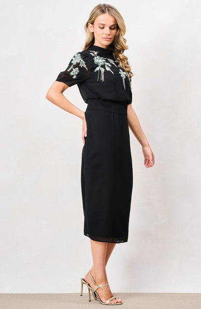 The Josette Embellished Midi Pencil Dress with Bow Back Detail