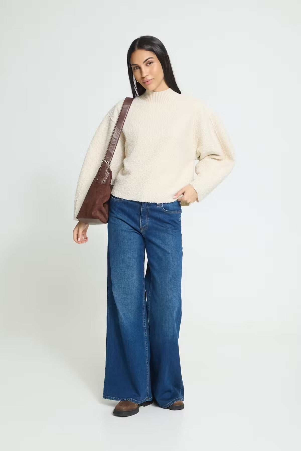 Ichi Curley creme high neck teddy jumper