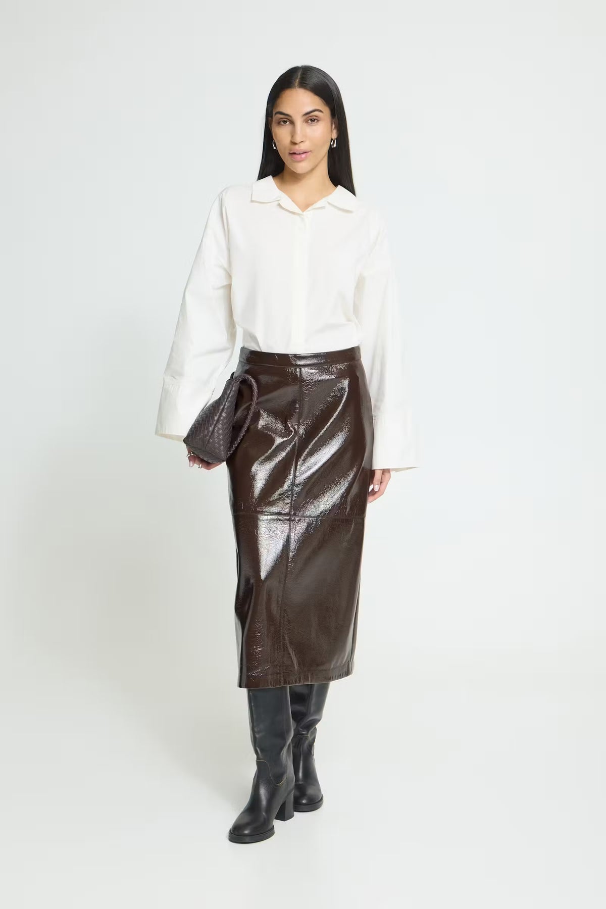 Ichi Luned midi leather look brown skirt
