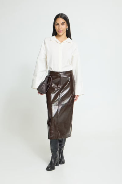 Ichi Luned midi leather look brown skirt