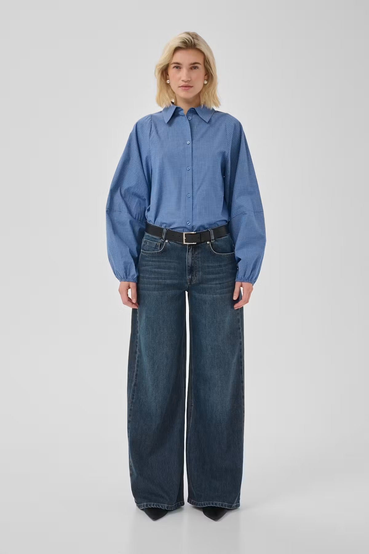 My Essential Wardrobe Lise check balloon sleeve shirt
