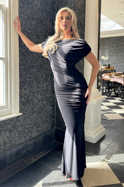 Atom Platinum black Bardot maxi dress side view with pleated silhouette