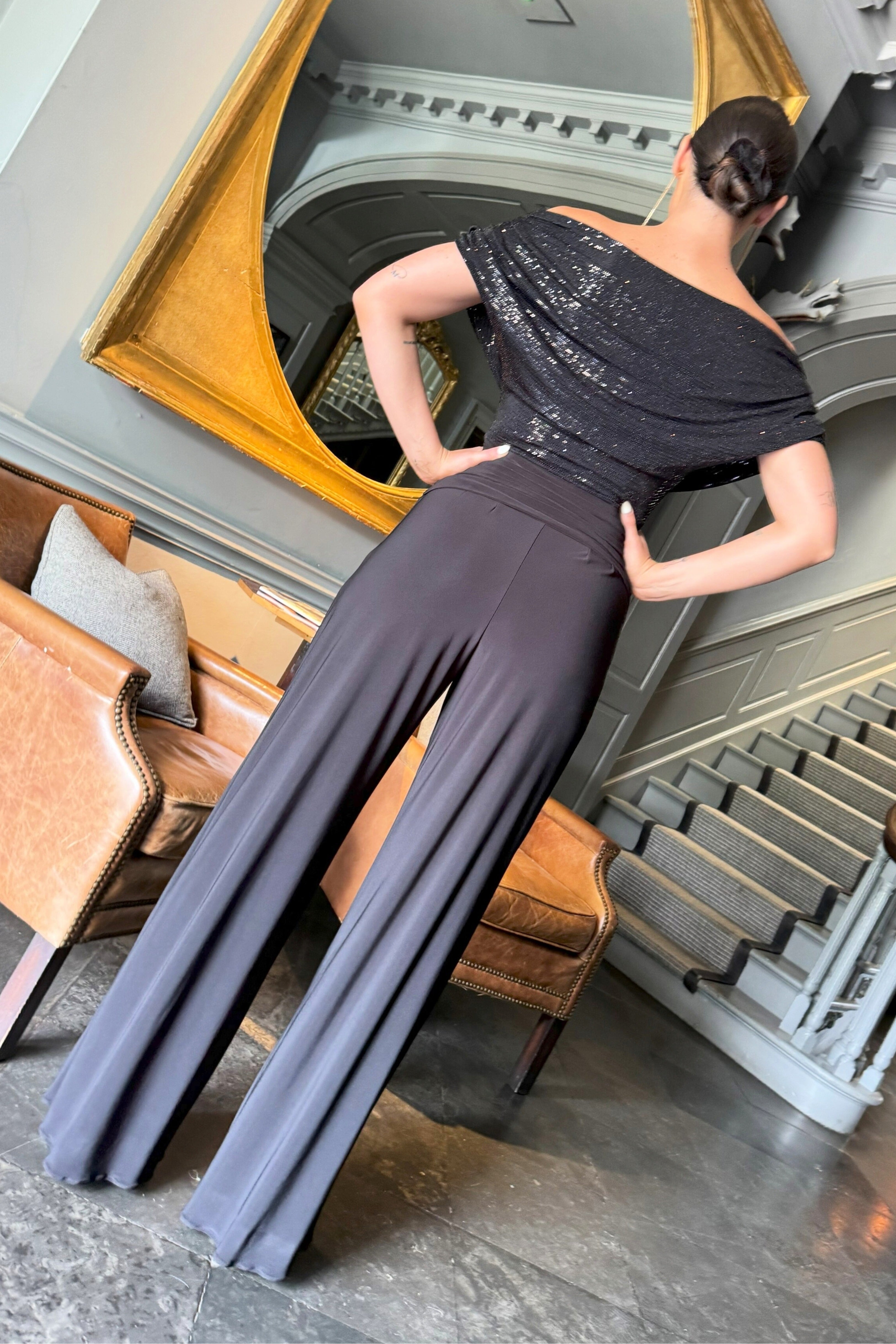 Atom Carbon black glitter Bardot wide leg jumpsuit back view