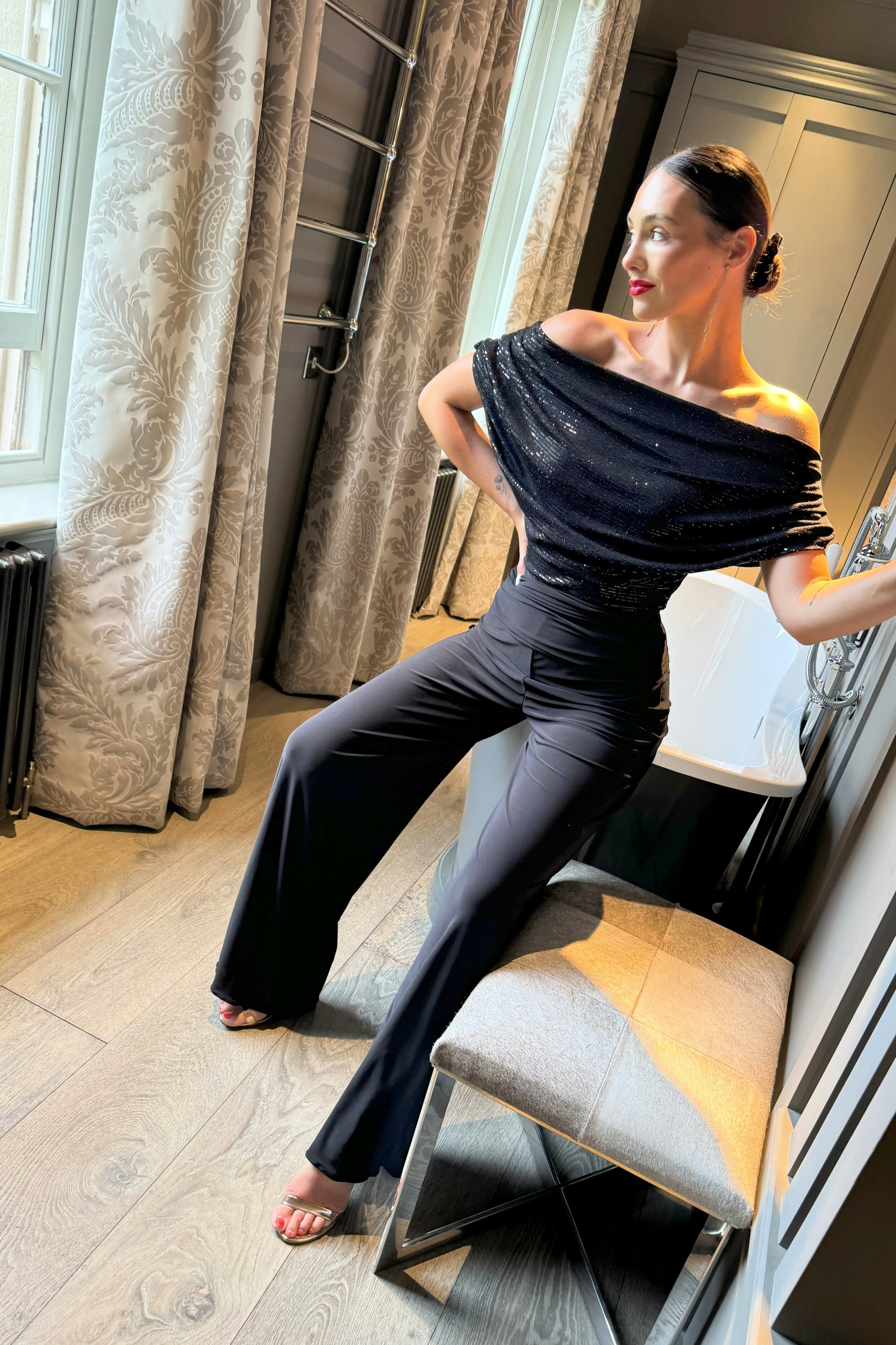 Atom Carbon black sequin off shoulder jumpsuit formal styling