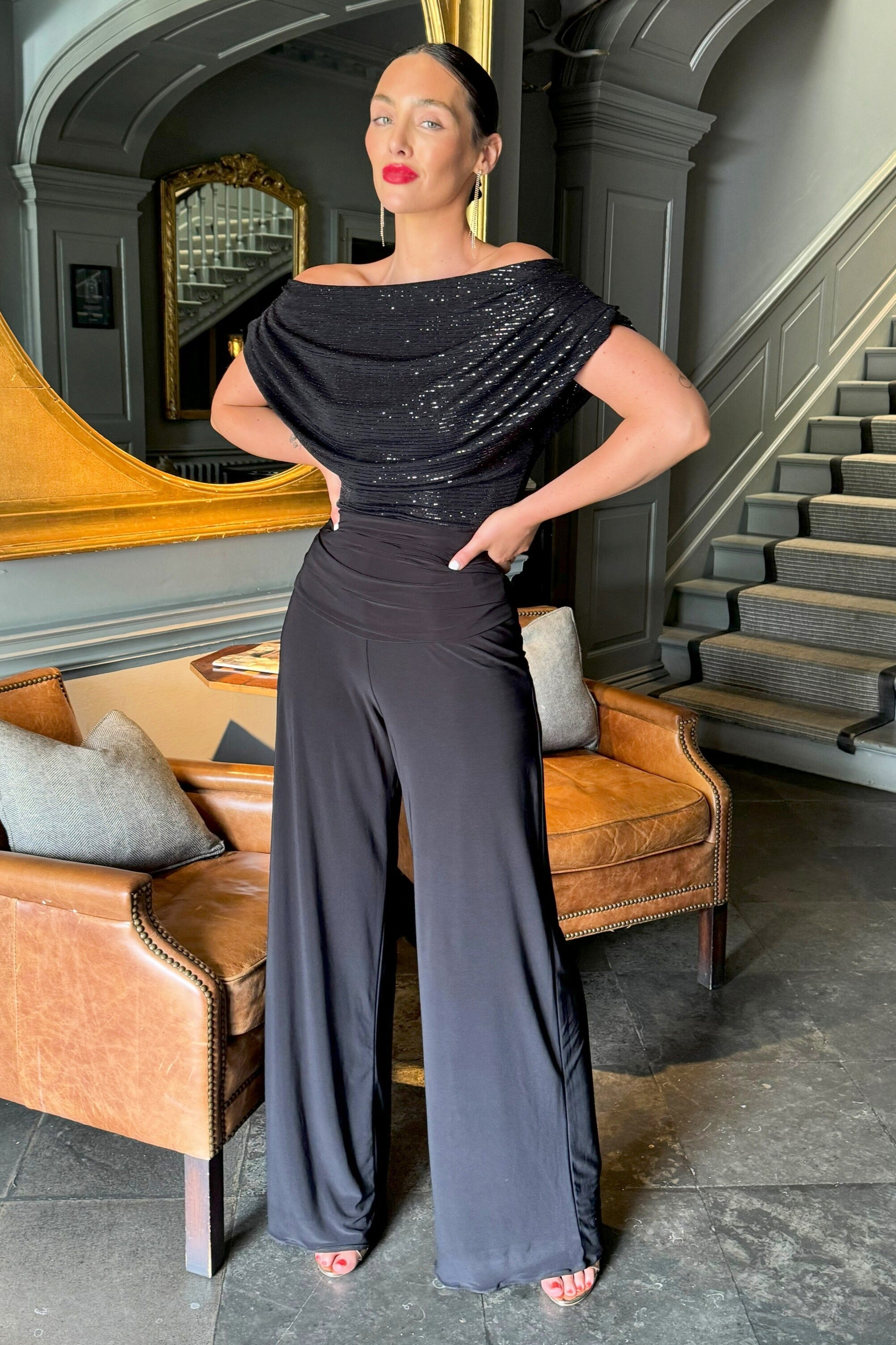 Atom Carbon gunmetal sparkle party jumpsuit full-length front view