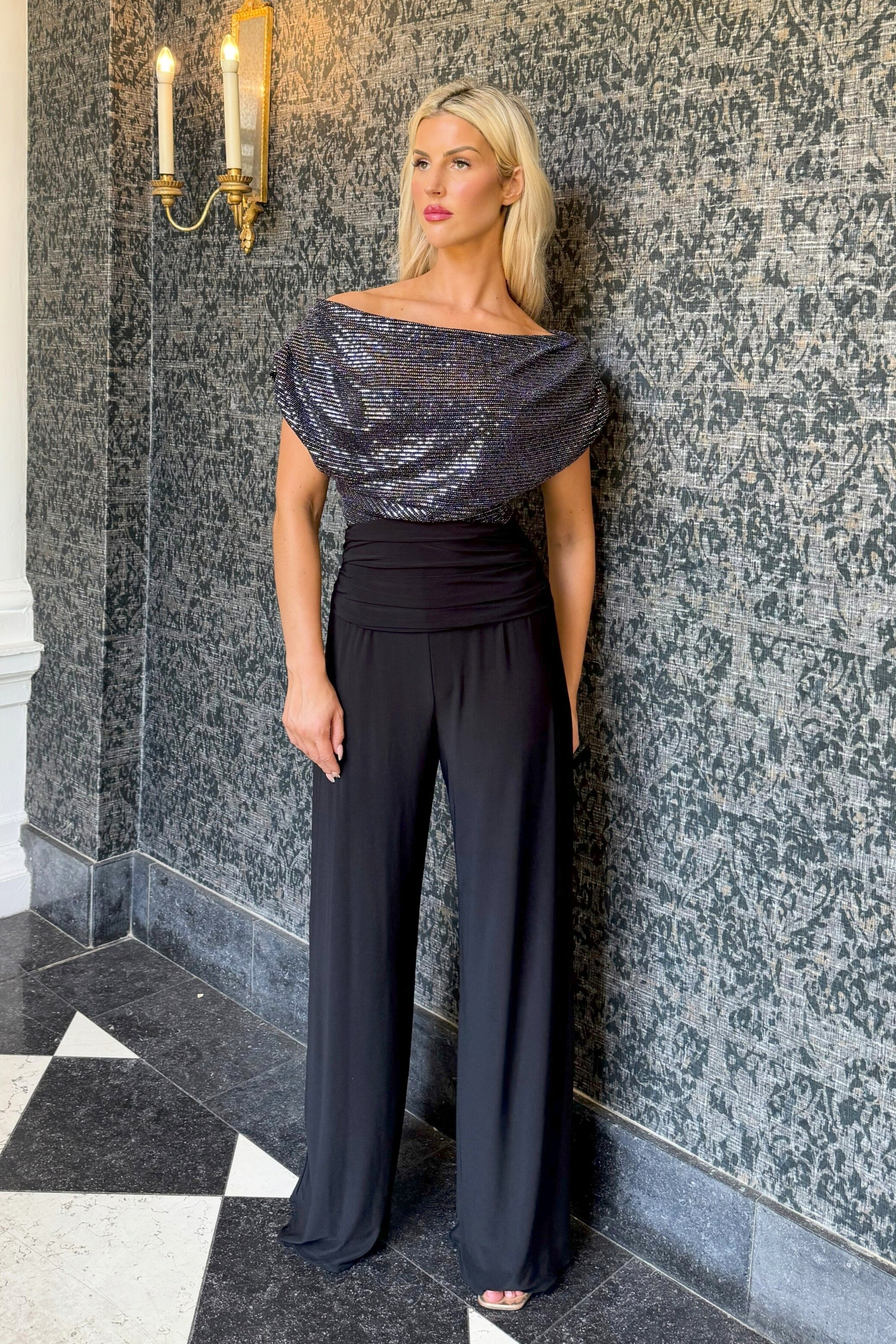 Atom Carbon gunmetal sequin sparkle Bardot wide leg jumpsuit front view