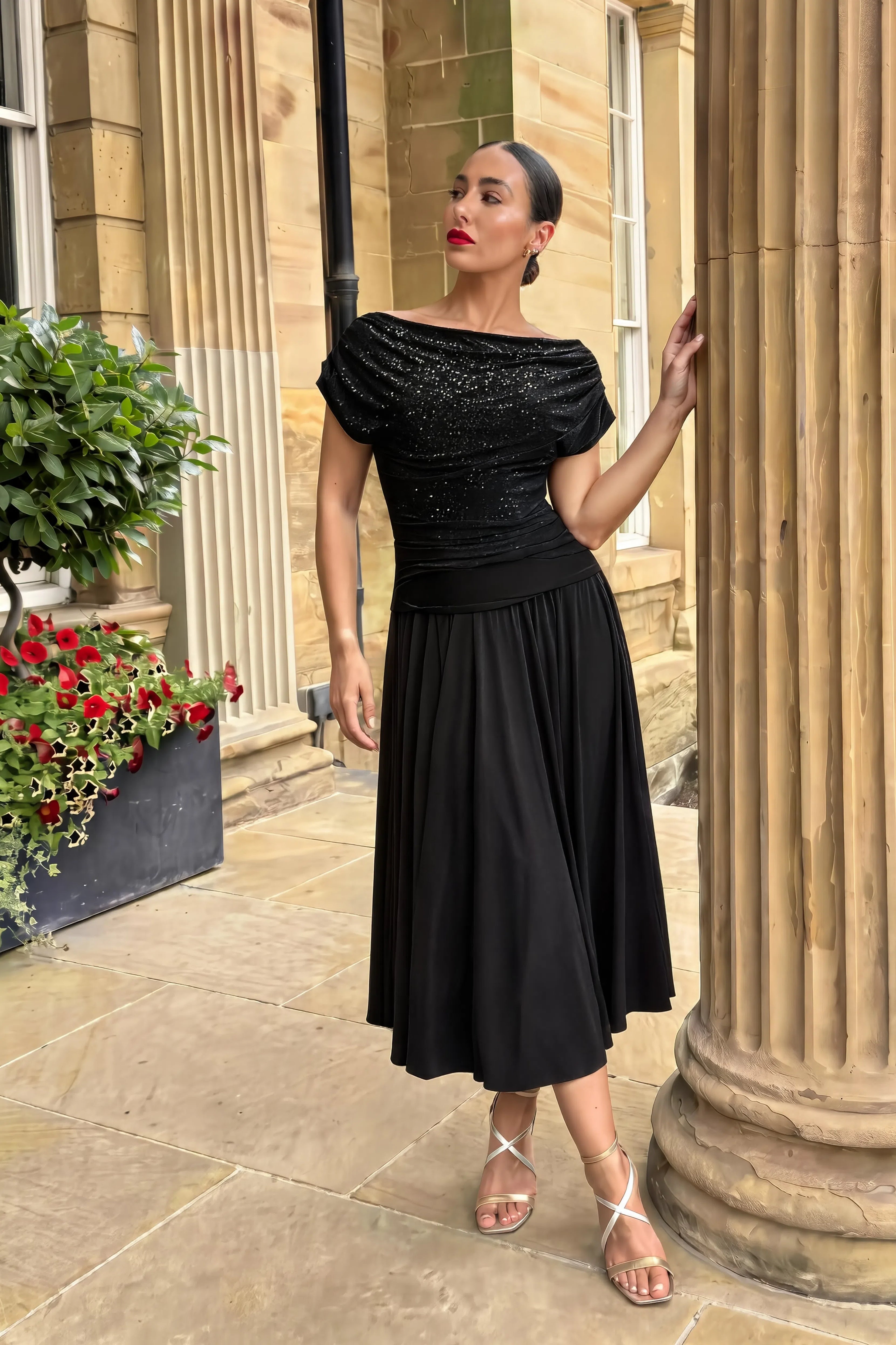 Atom Carbon black sequin Bardot tea length occasion dress front view