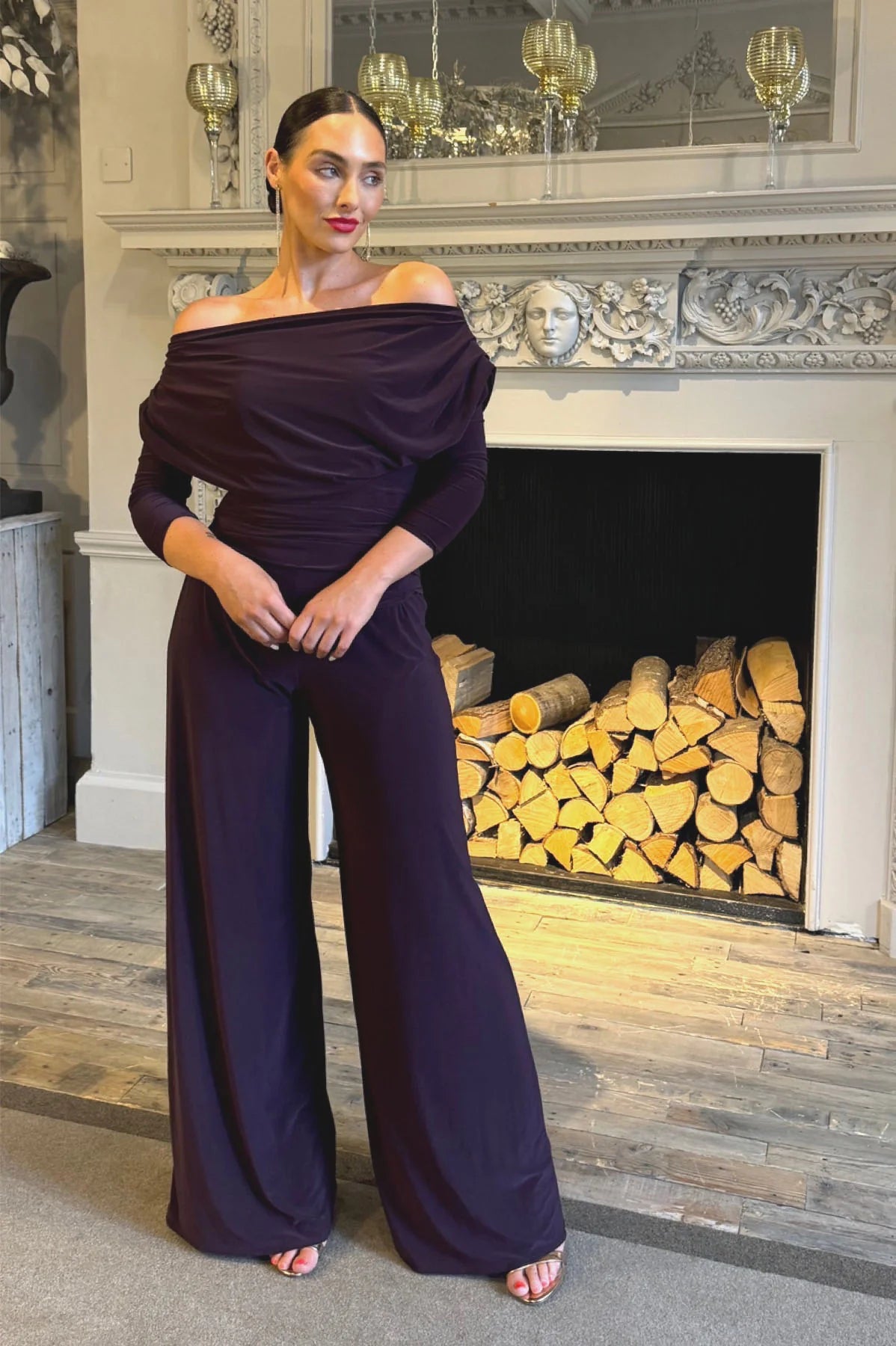 Atom Carbon Blackcurrant Bardot wide leg party jumpsuit front view