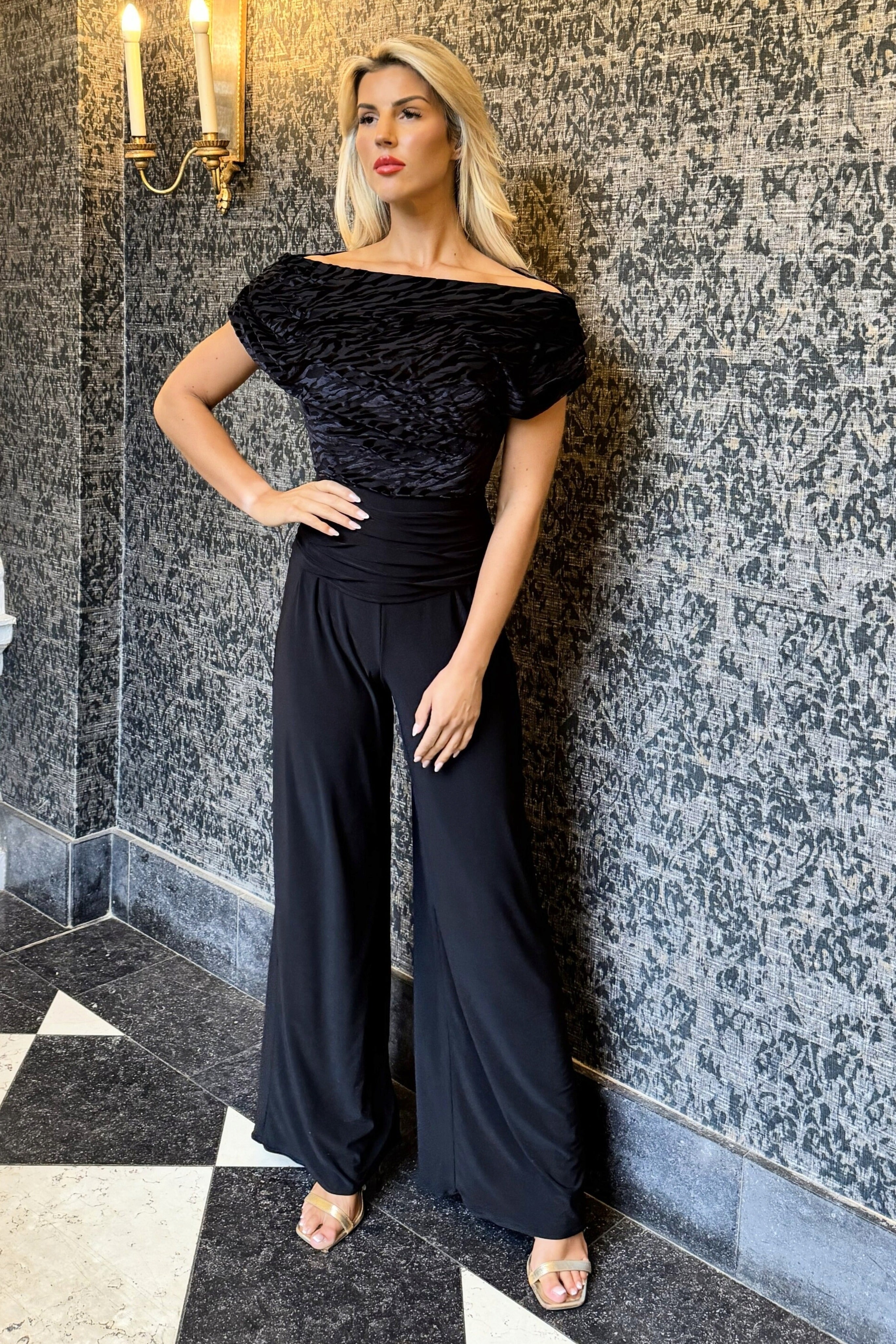 Atom Carbon black velvet zebra Bardot wide leg jumpsuit front view