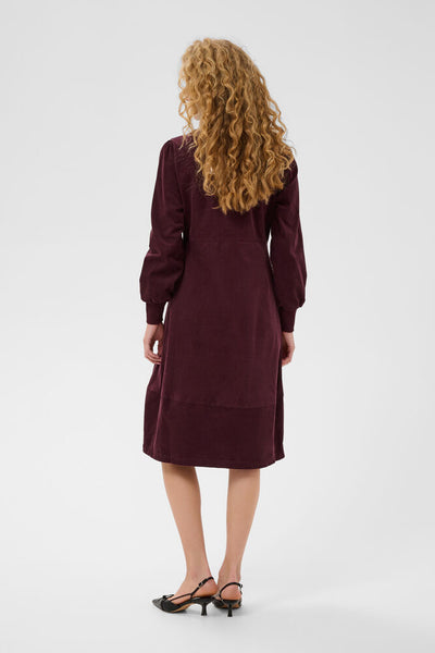Back view of Culture Rhaena burgundy long sleeve corduroy dress