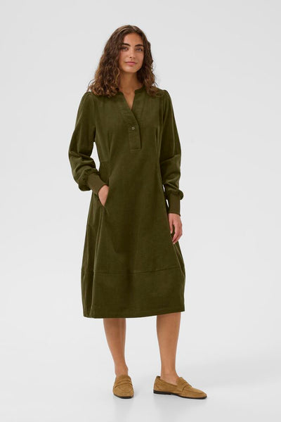 Culture Rhaena olive green corduroy A-line dress front view