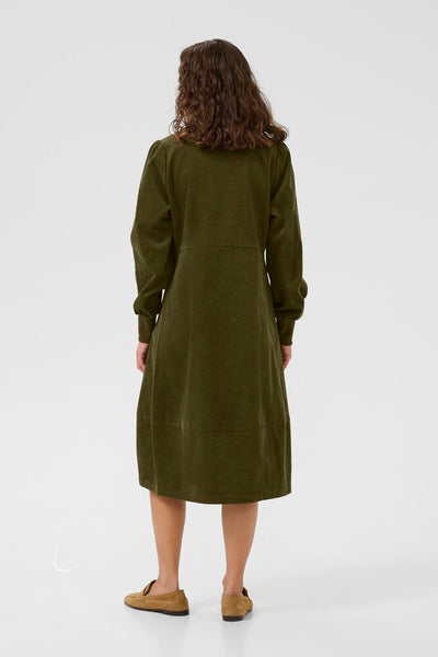 Back view of Culture Rhaena olive green long sleeve corduroy dress