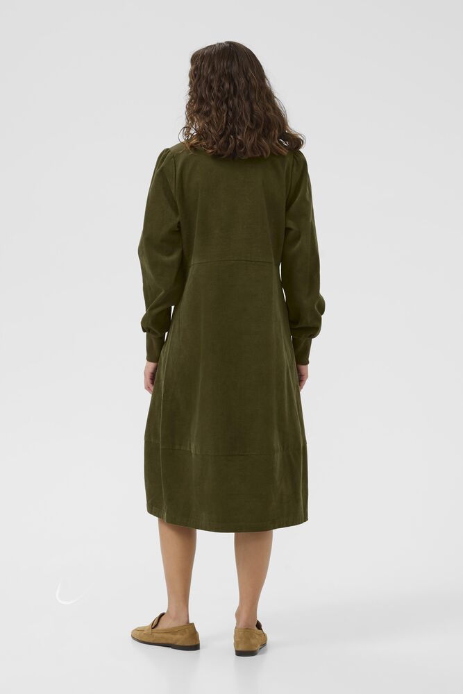 Back view of Culture Rhaena olive green long sleeve corduroy dress