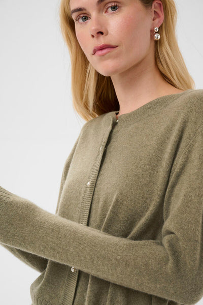 Close-up of Culture Taia Arrow Green Melange wool cashmere knit cardigan
