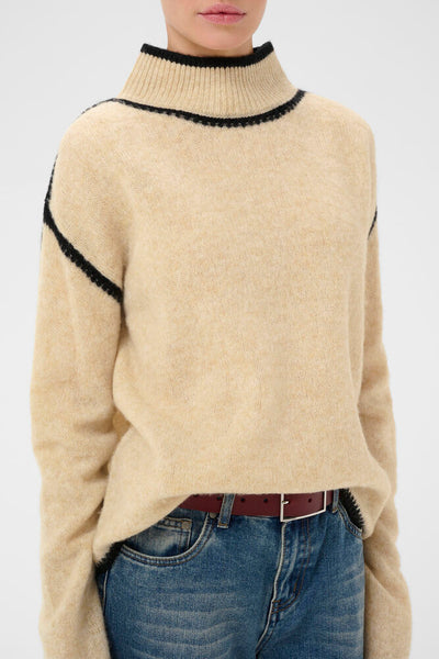 Culture Jia Katrina cream and black contrast wool jumper styled with jeans