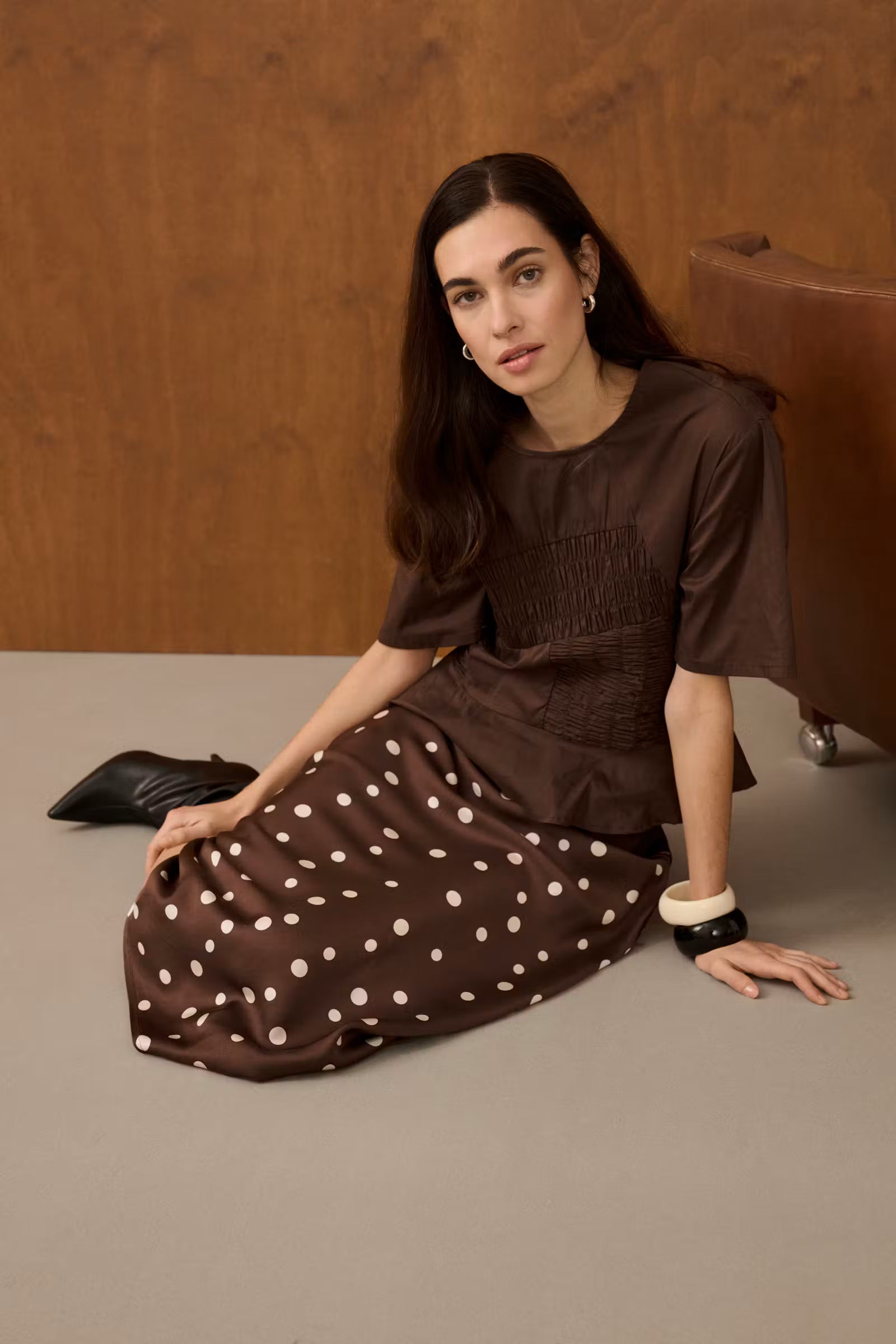 Culture Dotty Berna brown and cream polka dot midi skirt styled with a brown top