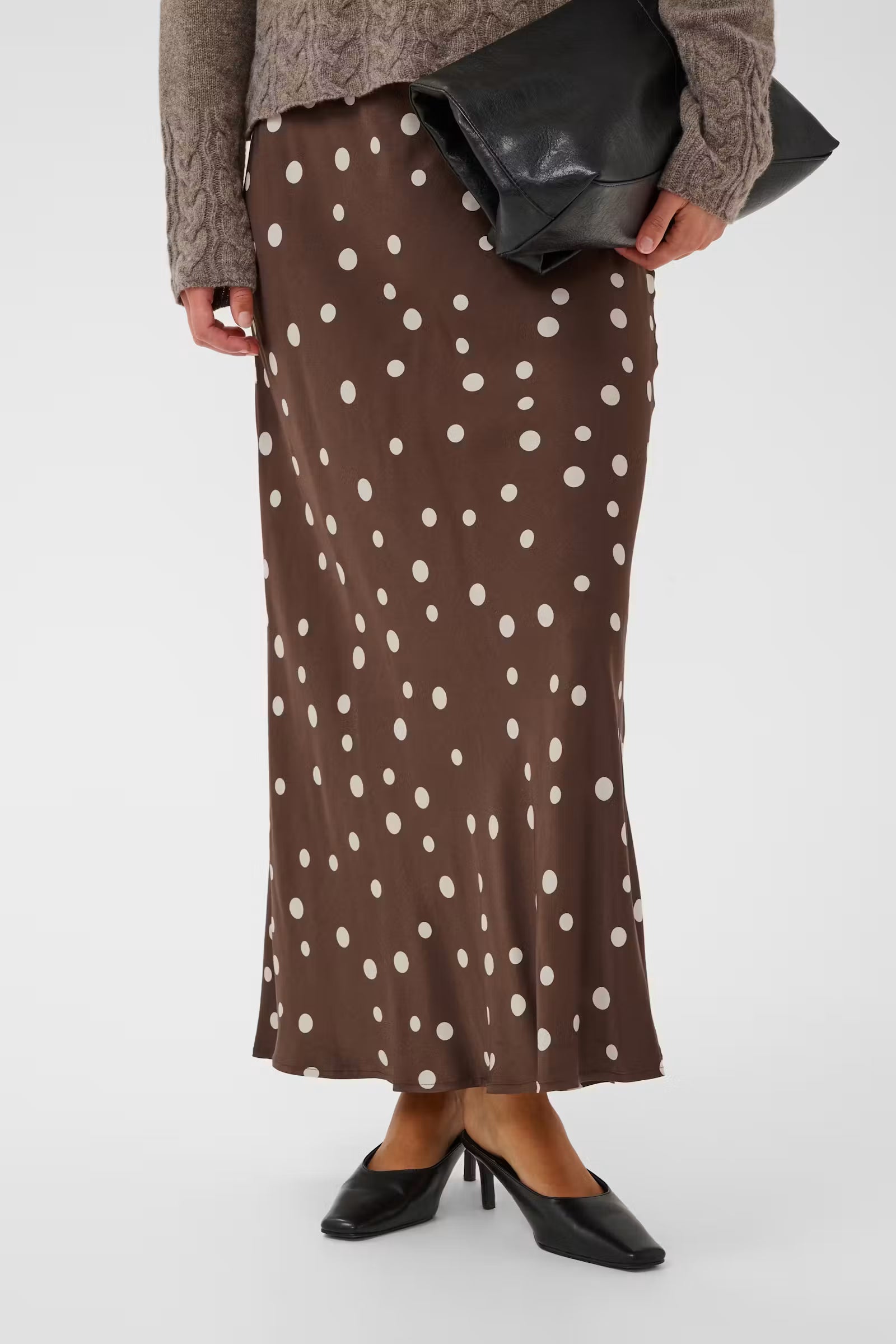 Culture Dotty Berna brown and cream polka dot midi skirt styled front view