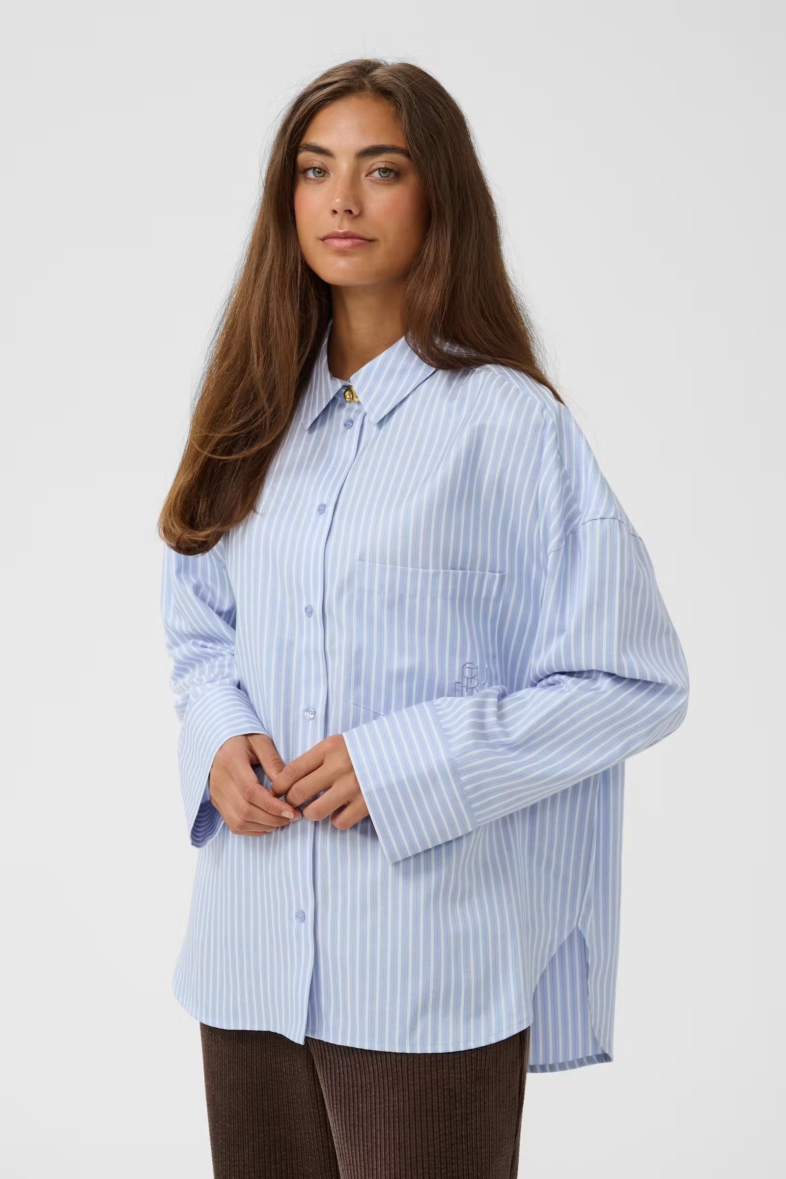 Culture Manga blue and white oversized striped shirt front view