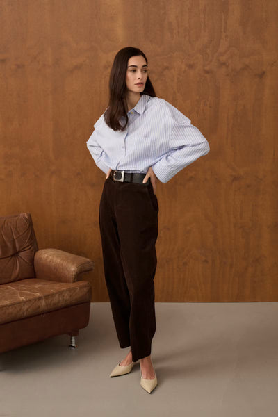 Culture Manga blue stripe button-up shirt styled with brown trousers