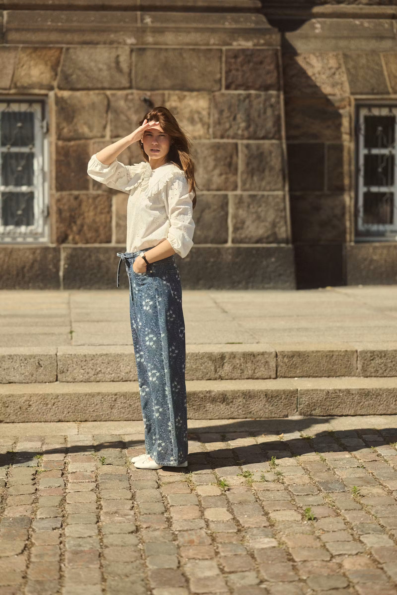 Culture Claramille ivory ruffle collar blouse full-length outdoor view