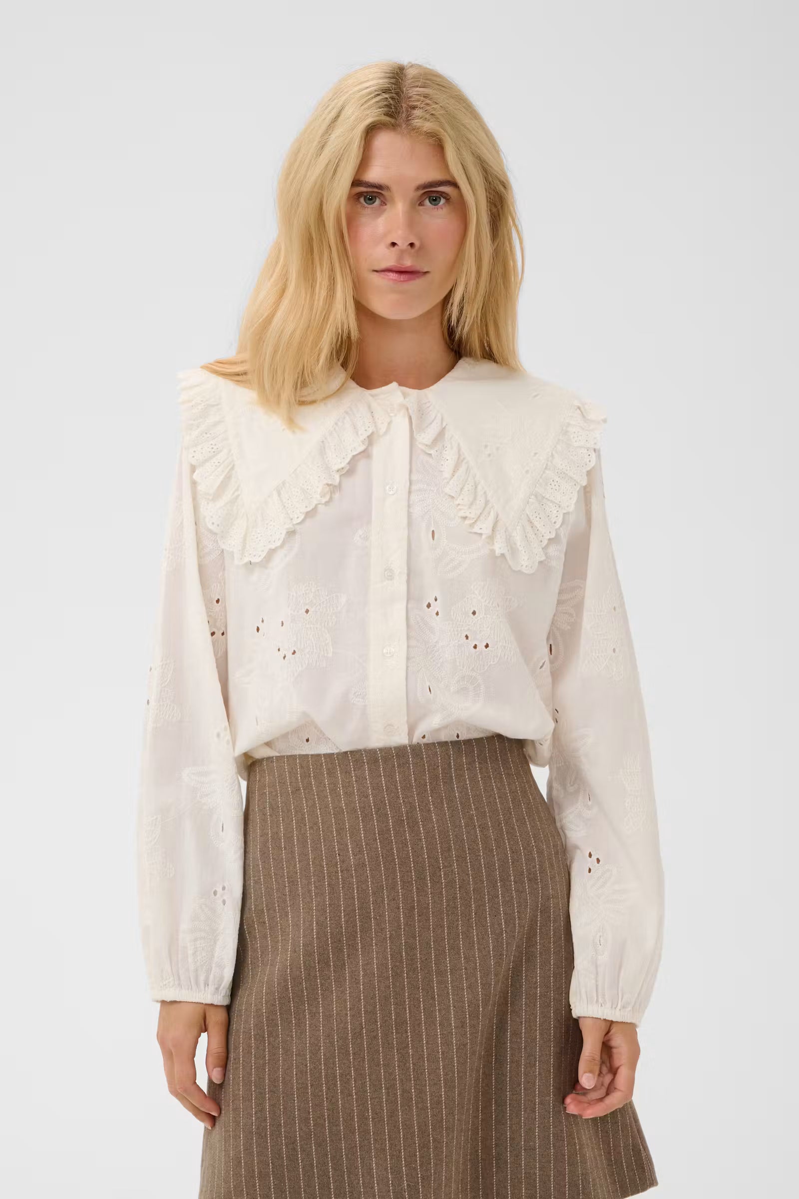 Culture Claramille ivory broderie anglaise statement collar blouse front view