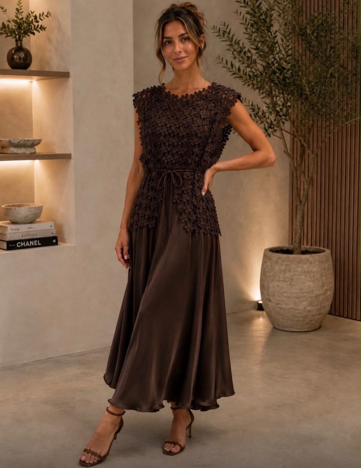 Darling chocolate floral lace long occasion dress with tie waist and fluid skirt