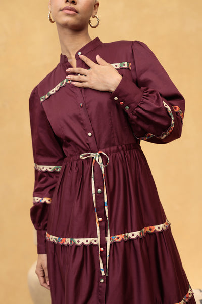 Emily Lovelock Annette burgundy belted midi dress waist and decorative trim detail