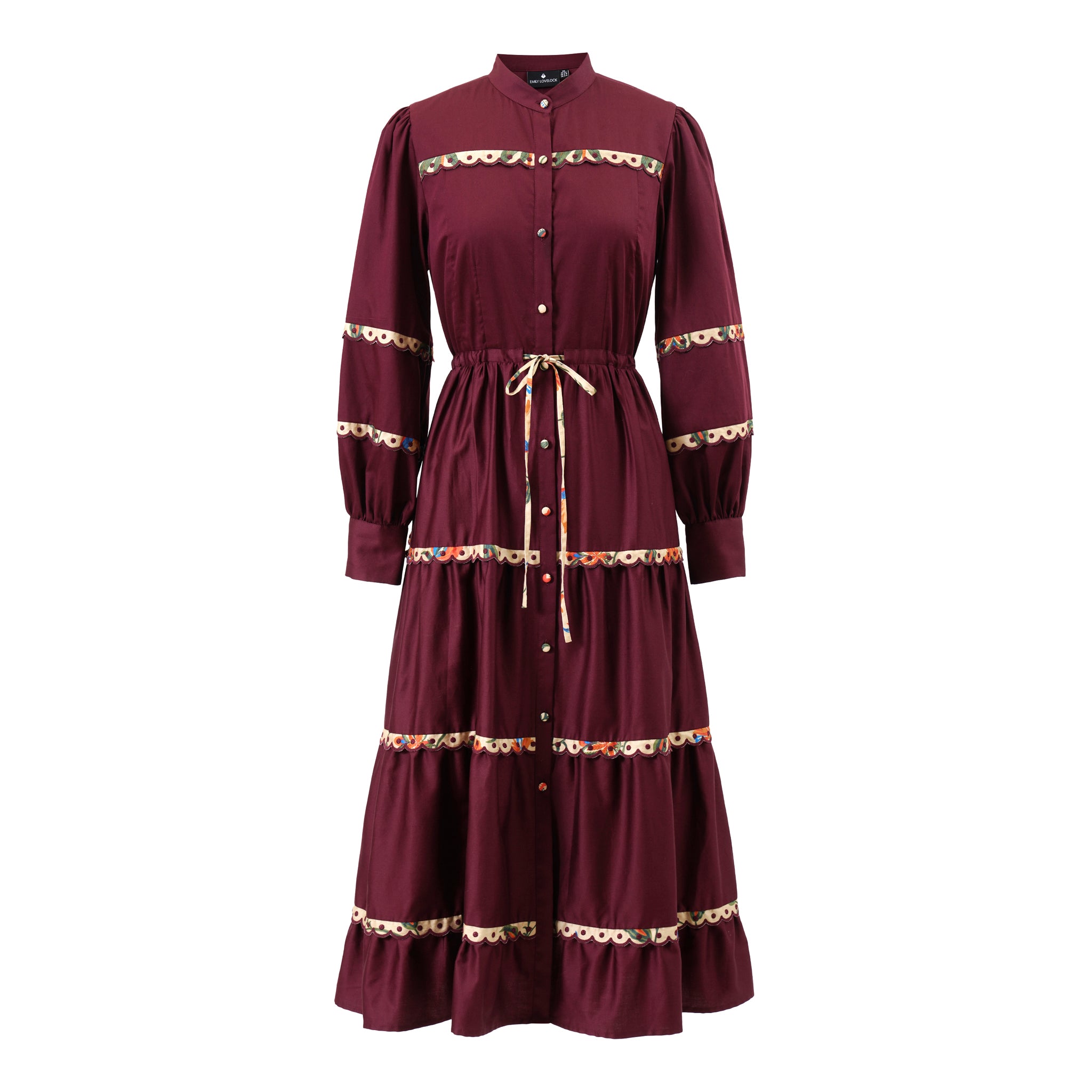 Emily Lovelock Annette Cherry Lacquer belted tiered midi dress front view