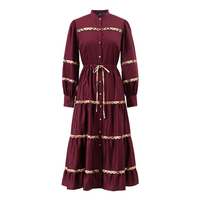 Emily Lovelock Annette Cherry Lacquer belted tiered midi dress front view
