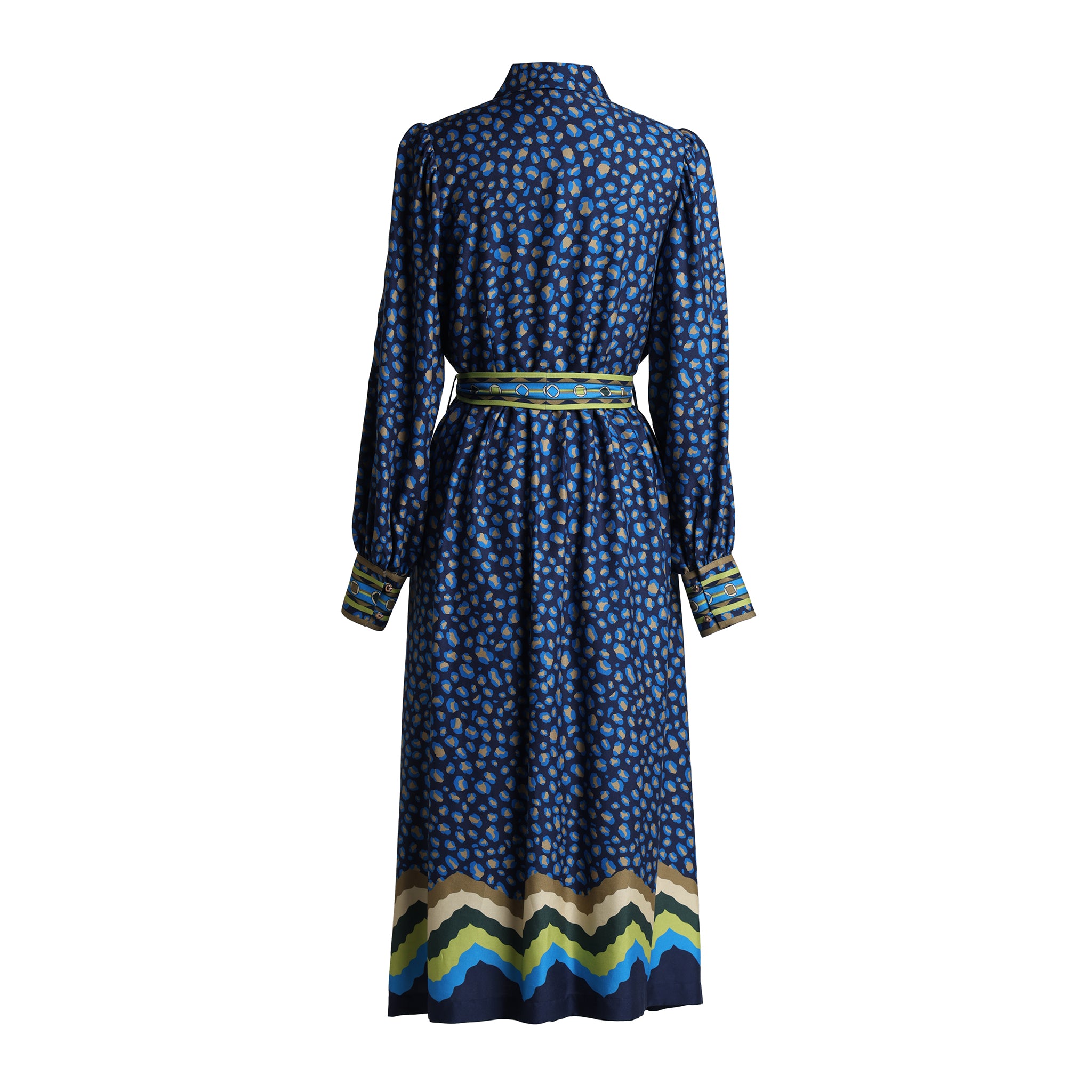 Back view of Emily Lovelock Kendal navy printed belted midi day dress