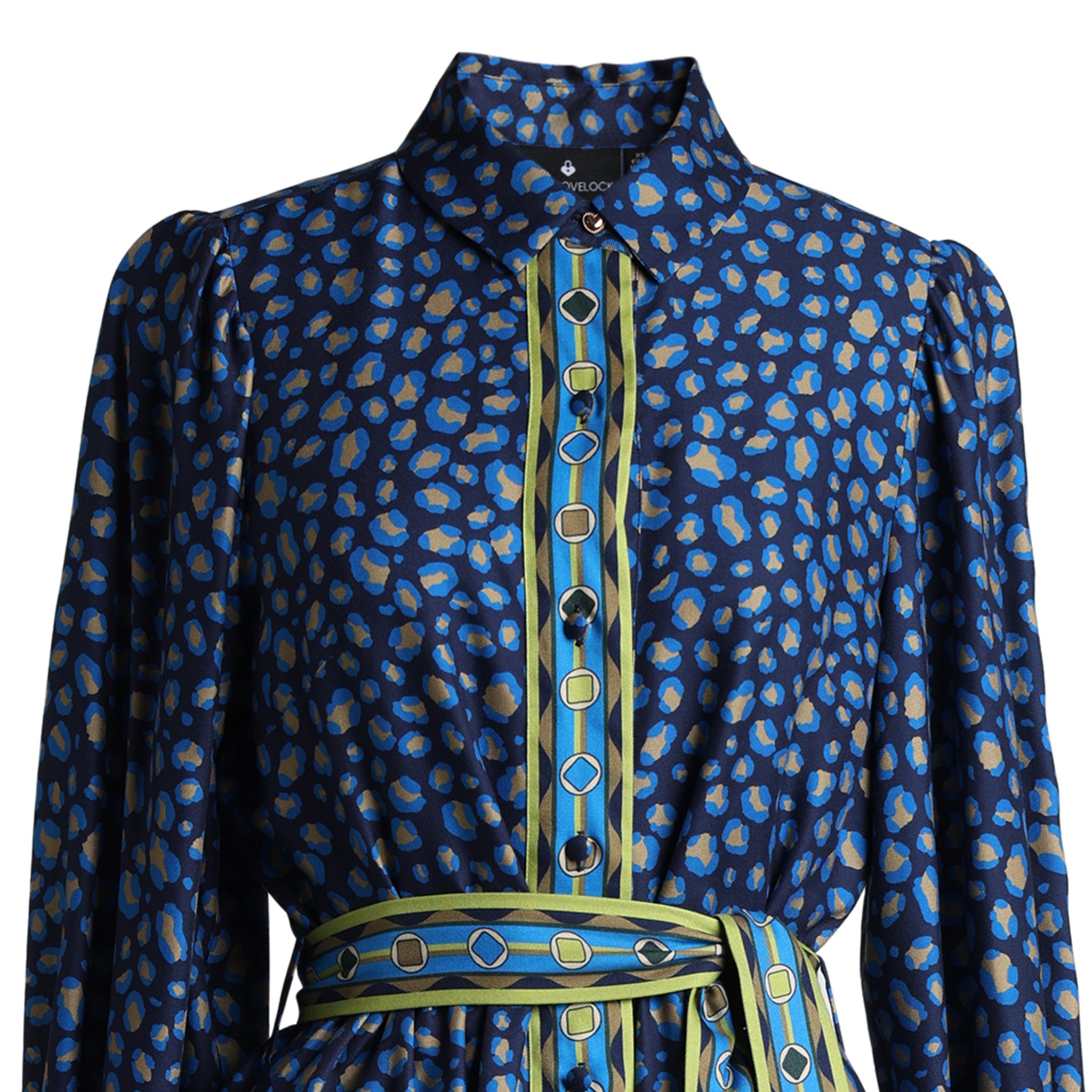 Close-up of Emily Lovelock Kendal navy print midi dress high neckline and belt