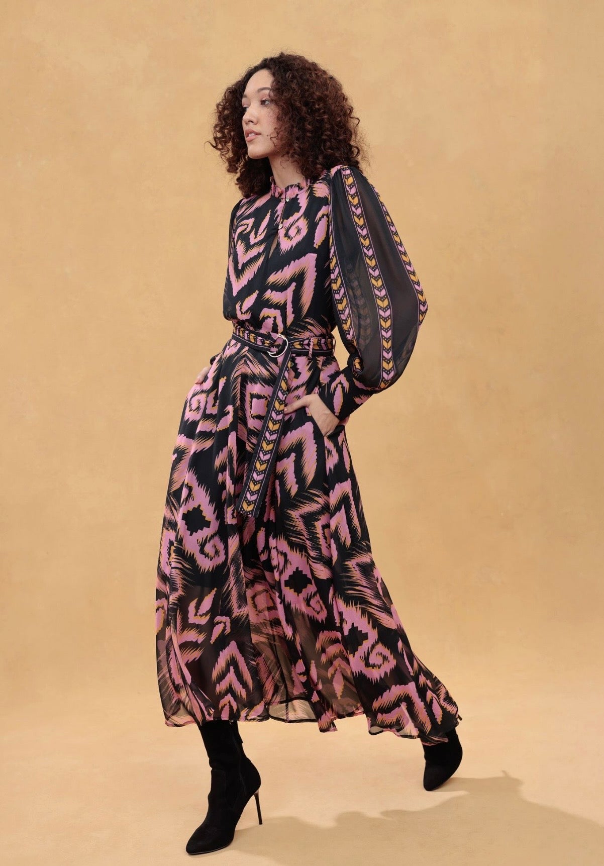 Emily Lovelock Carol black and pink abstract print midi skirt styled with matching blouse