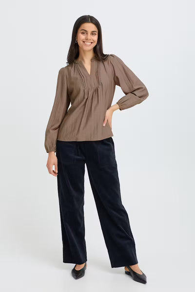 Fransa Gida brown crinkle blouse styled with dark trousers