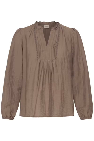 Fransa Gida brown V-neck long sleeve blouse product front view
