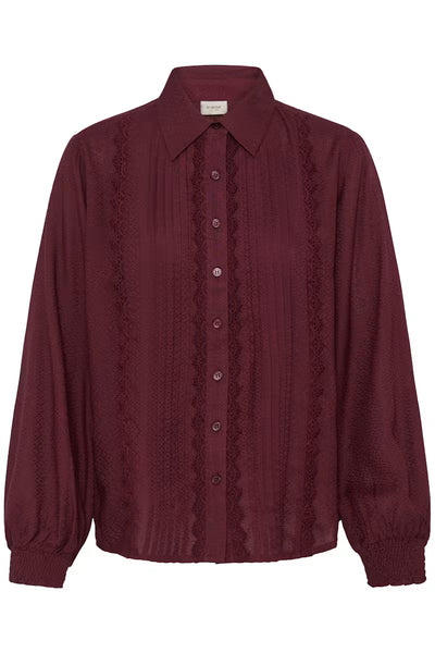 Fransa Cajsa burgundy lace trim button-up blouse product front view