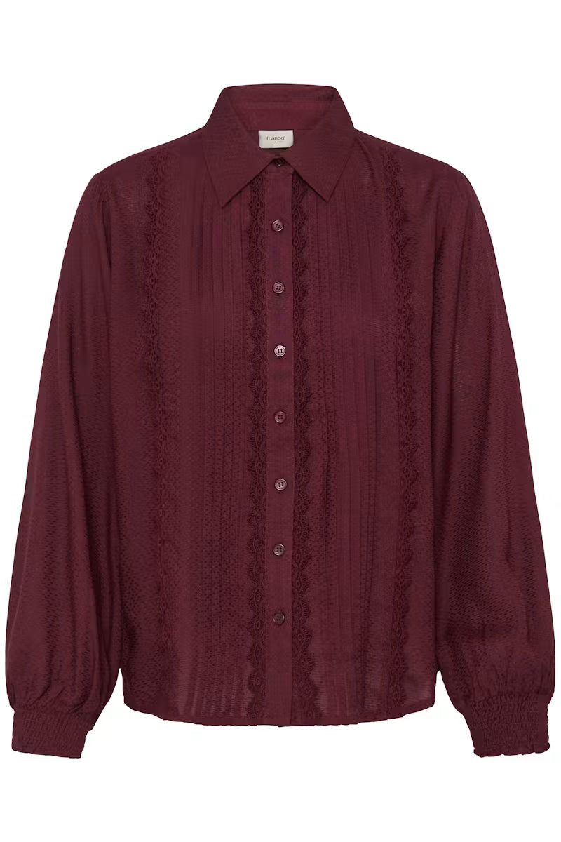 Fransa Cajsa burgundy lace trim button-up blouse product front view