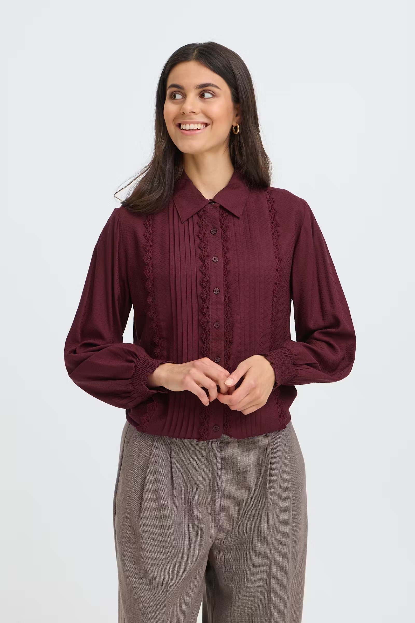 Fransa Cajsa burgundy lace and pintuck blouse front view