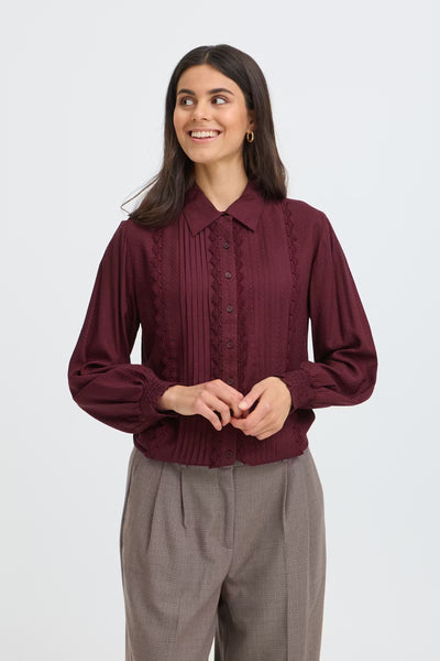 Fransa Cajsa burgundy lace and pintuck blouse front view