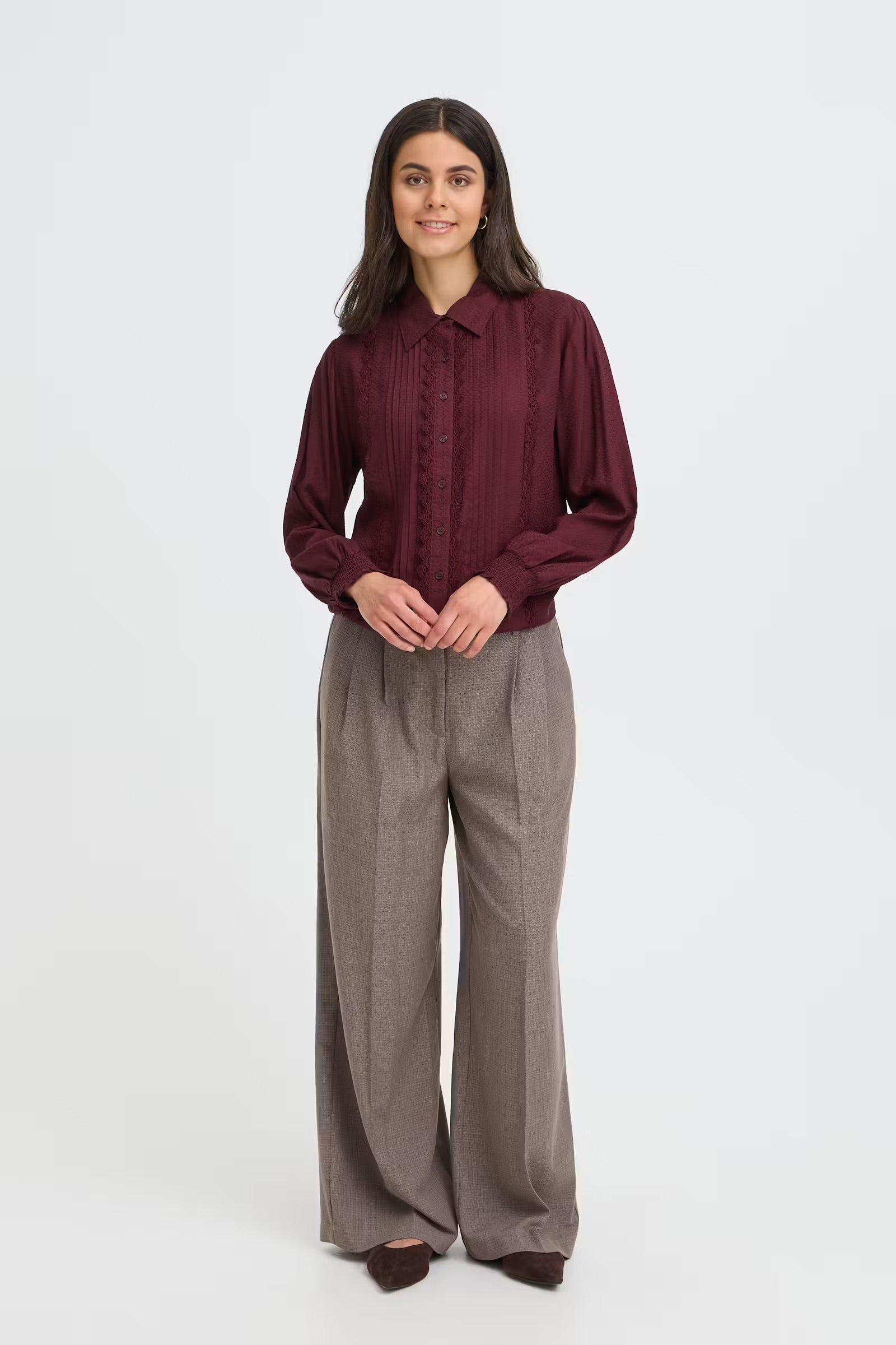 Fransa Cajsa burgundy long sleeve blouse styled with wide leg trousers