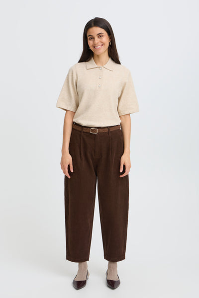 Fransa Calana Hot Fudge corduroy barrel leg trousers styled with cream top